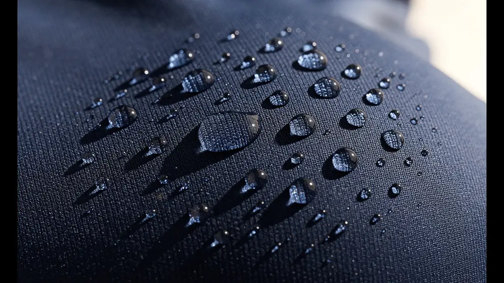 Détail du tissu burkini avec gouttes d'eau perlant en surface