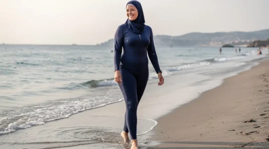 Femme en burkini élégant profitant de la plage méditerranéenne